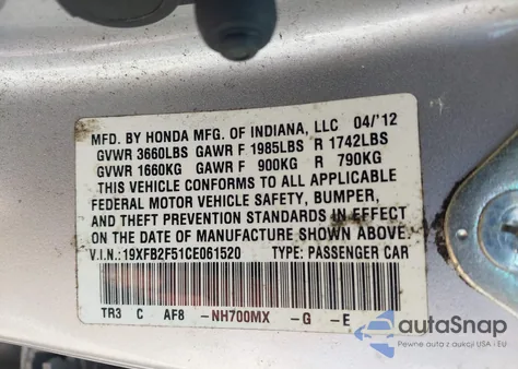 2012 Honda Civic Lx из США, поврежденный, VIN 19XFB2F51CE061520